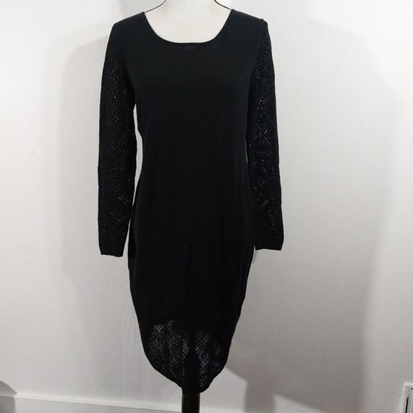 Peruvian Connection Dresses & Skirts - Peruvian Connection Black Open Knit Argyle Long Sleeve Dress Size M